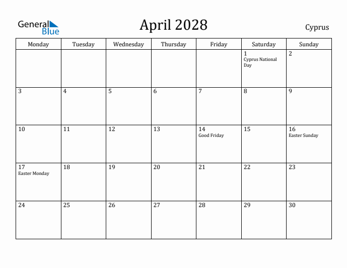 April 2028 Calendar Cyprus