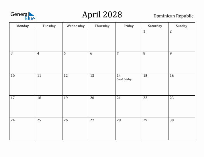 April 2028 Calendar Dominican Republic