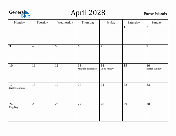 April 2028 Calendar Faroe Islands