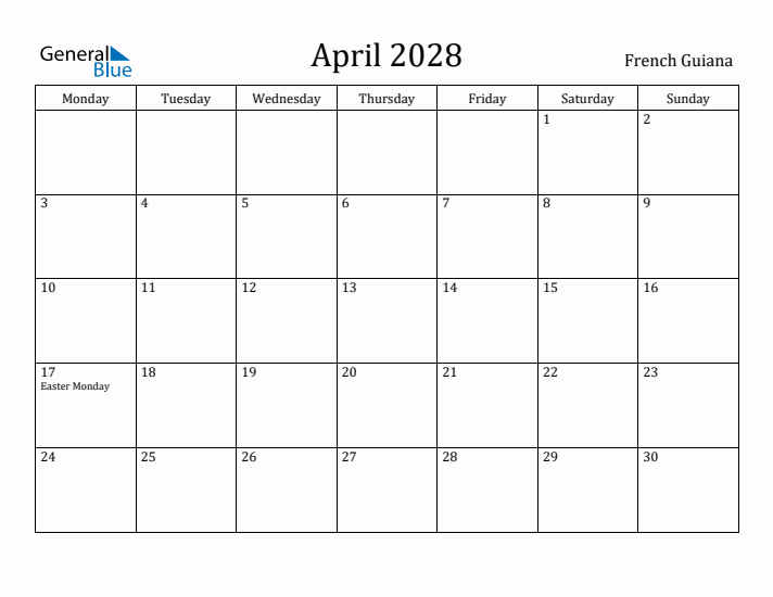 April 2028 Calendar French Guiana