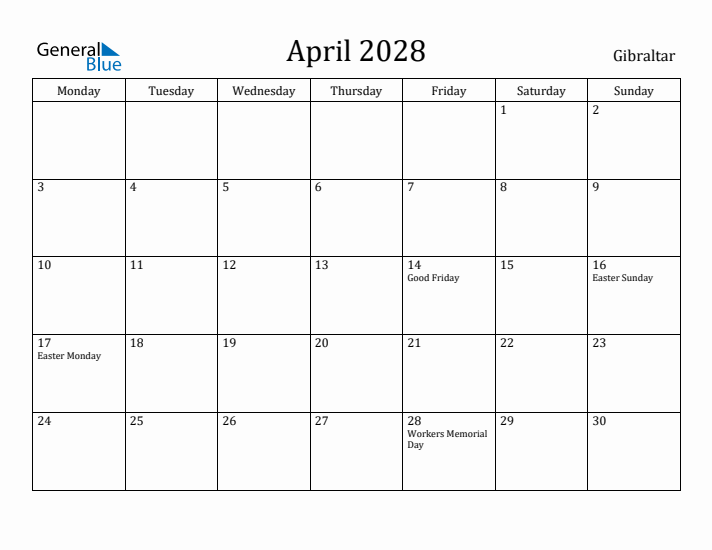 April 2028 Calendar Gibraltar