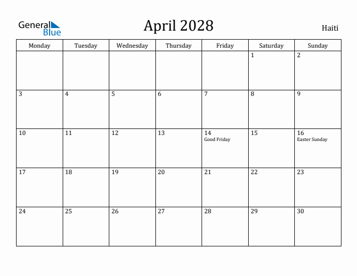 April 2028 Calendar Haiti