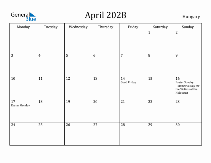 April 2028 Calendar Hungary