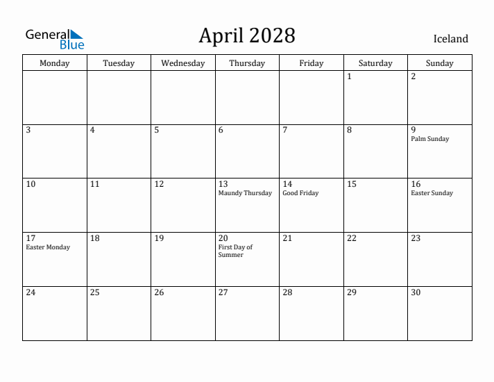 April 2028 Calendar Iceland