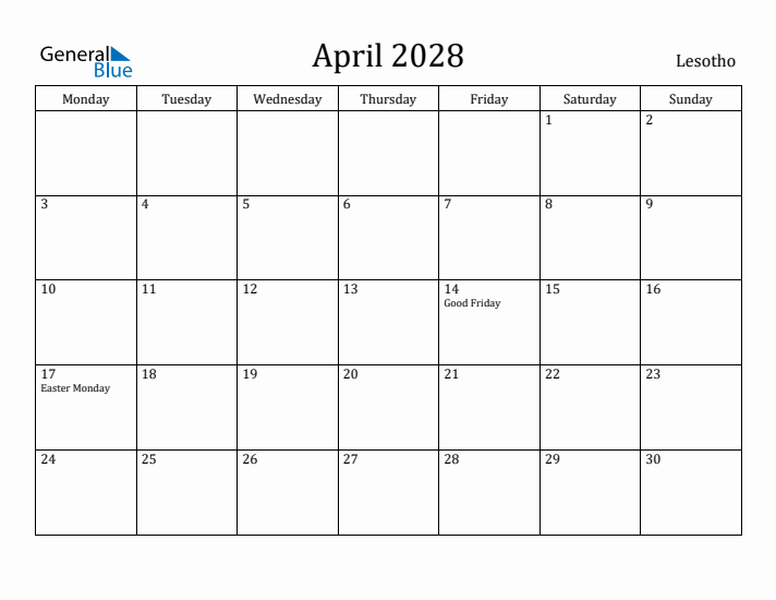 April 2028 Calendar Lesotho
