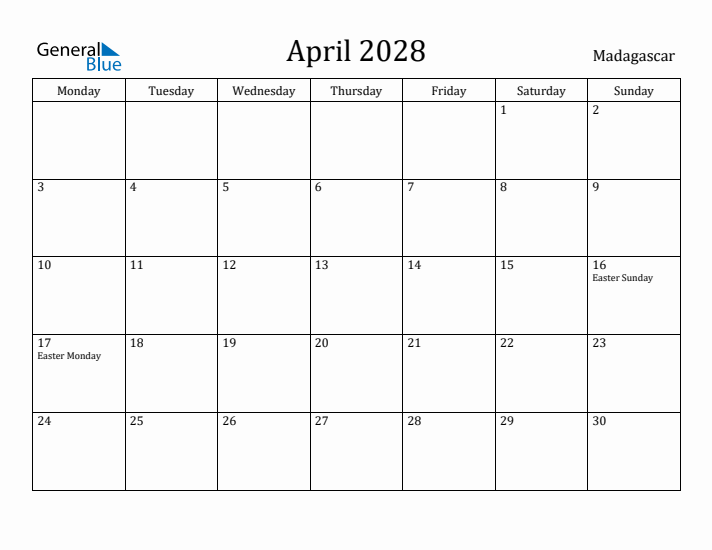 April 2028 Calendar Madagascar