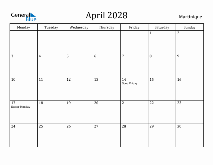 April 2028 Calendar Martinique