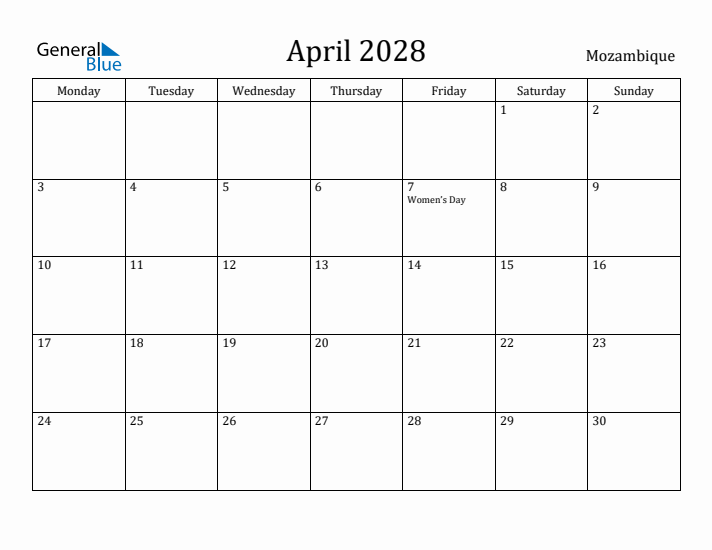 April 2028 Calendar Mozambique