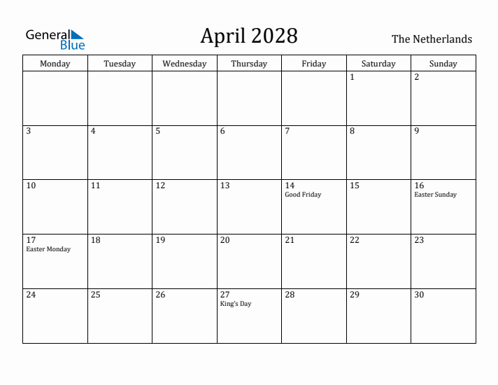 April 2028 Calendar The Netherlands