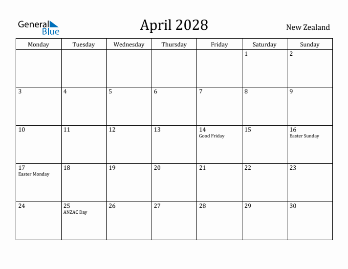 April 2028 Calendar New Zealand