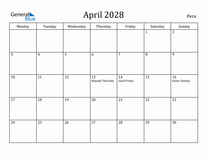 April 2028 Calendar Peru