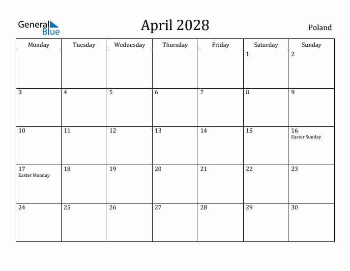 April 2028 Calendar Poland