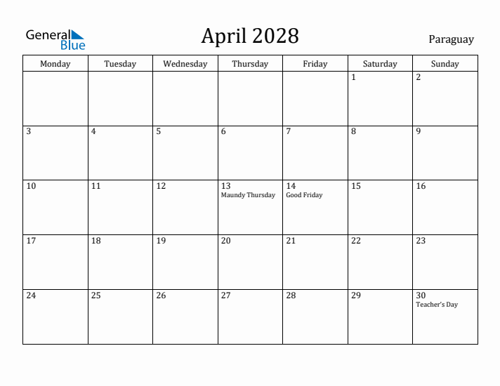 April 2028 Calendar Paraguay
