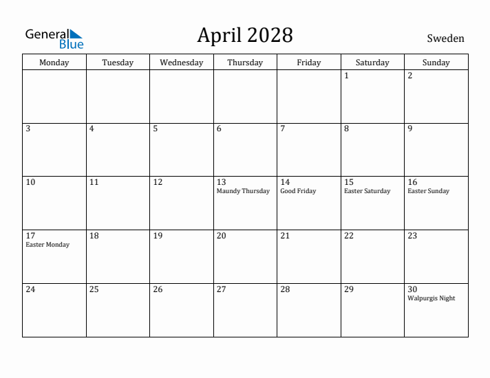 April 2028 Calendar Sweden