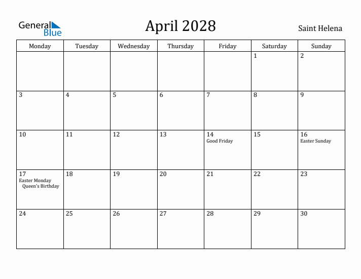 April 2028 Calendar Saint Helena