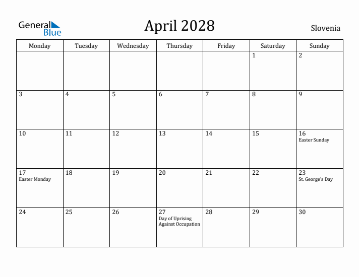April 2028 Calendar Slovenia