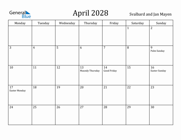 April 2028 Calendar Svalbard and Jan Mayen