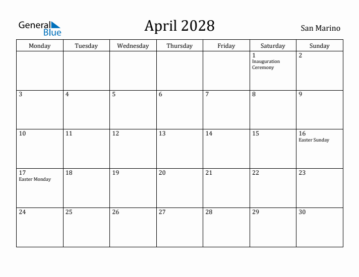 April 2028 Calendar San Marino
