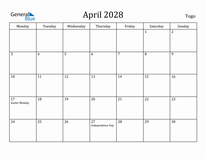 April 2028 Calendar Togo