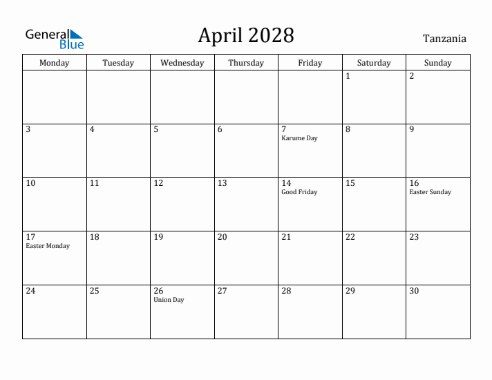 April 2028 Calendar Tanzania
