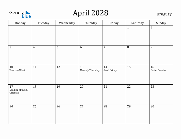 April 2028 Calendar Uruguay