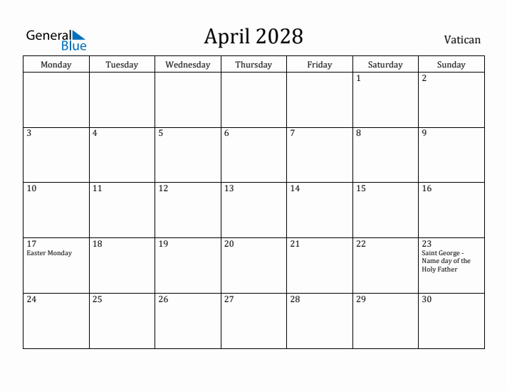 April 2028 Calendar Vatican