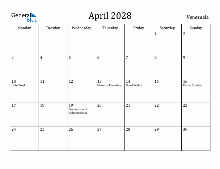 April 2028 Calendar Venezuela