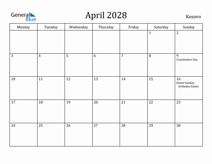 April 2028 Calendar Kosovo