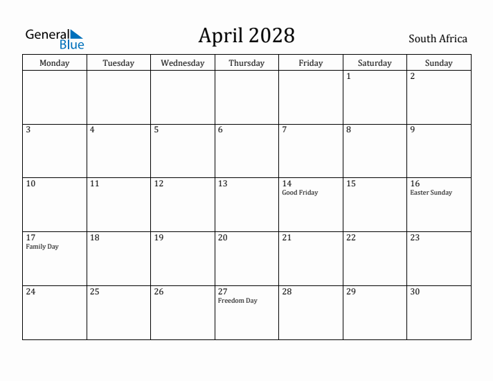 April 2028 Calendar South Africa