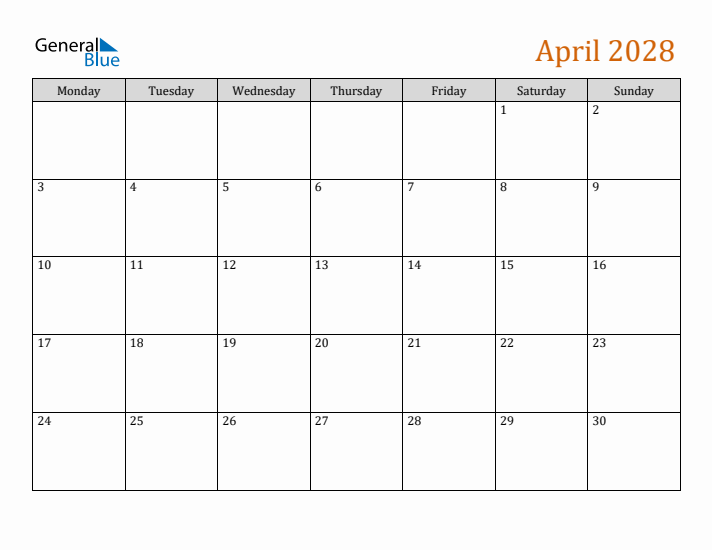 Editable April 2028 Calendar