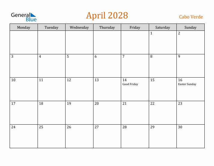 April 2028 Holiday Calendar with Monday Start