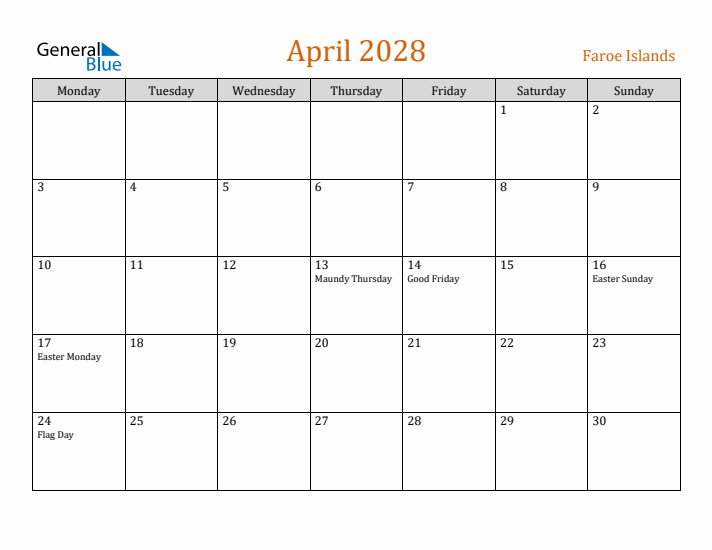 April 2028 Holiday Calendar with Monday Start