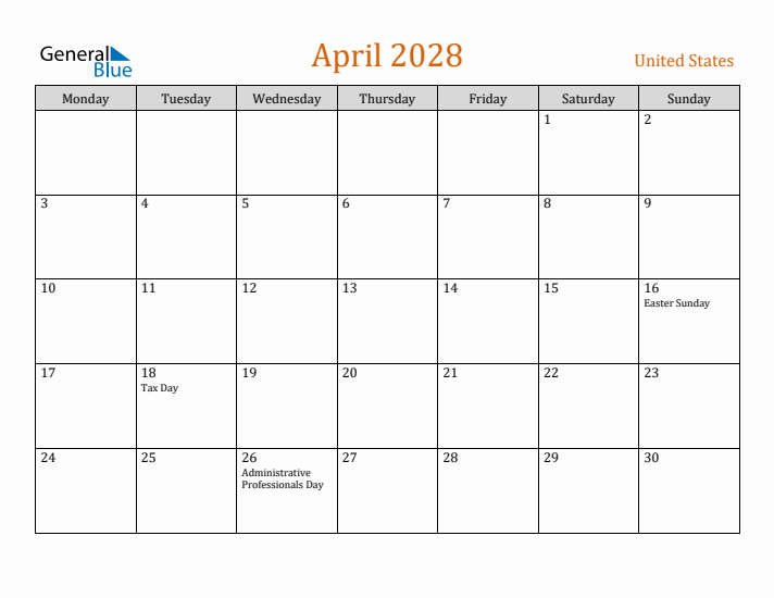 April 2028 Holiday Calendar with Monday Start