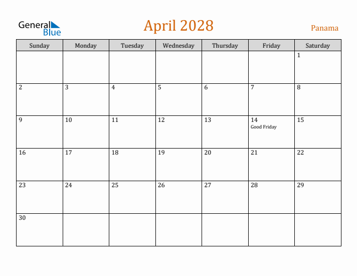 April 2028 Holiday Calendar with Sunday Start