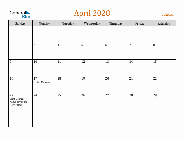 April 2028 Holiday Calendar with Sunday Start