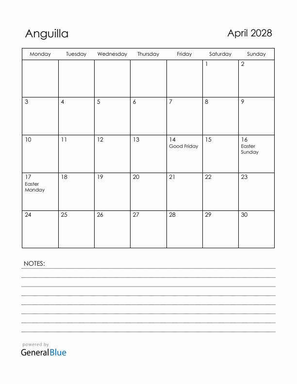 April 2028 Anguilla Calendar with Holidays (Monday Start)