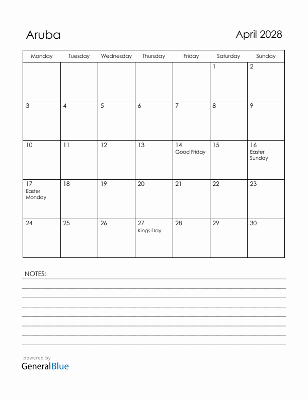 April 2028 Aruba Calendar with Holidays (Monday Start)
