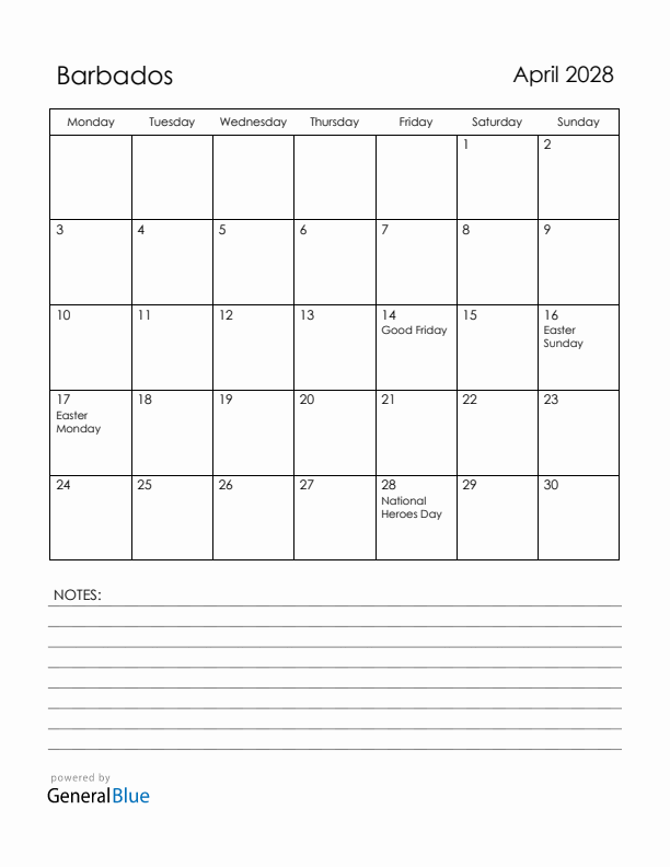 April 2028 Barbados Calendar with Holidays (Monday Start)