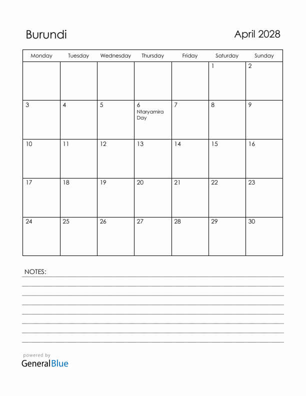 April 2028 Burundi Calendar with Holidays (Monday Start)