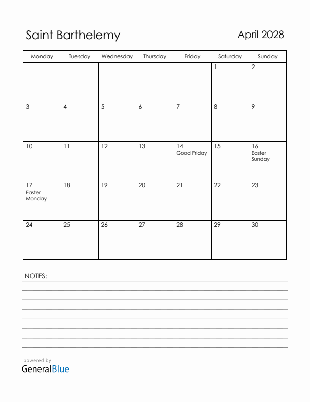 April 2028 Saint Barthelemy Calendar with Holidays (Monday Start)