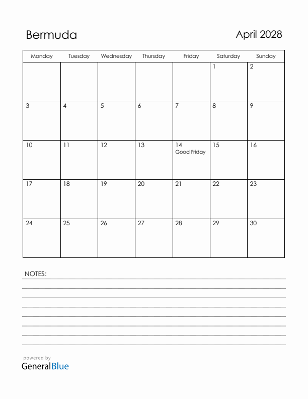 April 2028 Bermuda Calendar with Holidays (Monday Start)