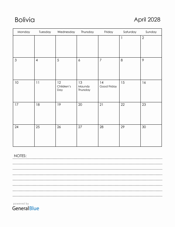 April 2028 Bolivia Calendar with Holidays (Monday Start)