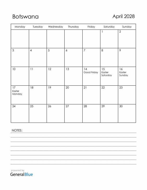 April 2028 Botswana Calendar with Holidays (Monday Start)