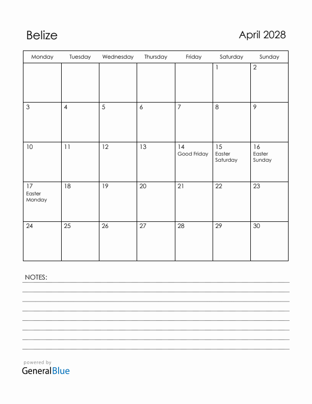 April 2028 Belize Calendar with Holidays (Monday Start)