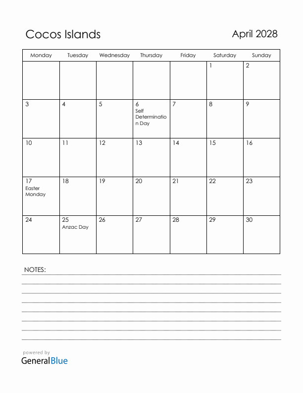 April 2028 Cocos Islands Calendar with Holidays (Monday Start)