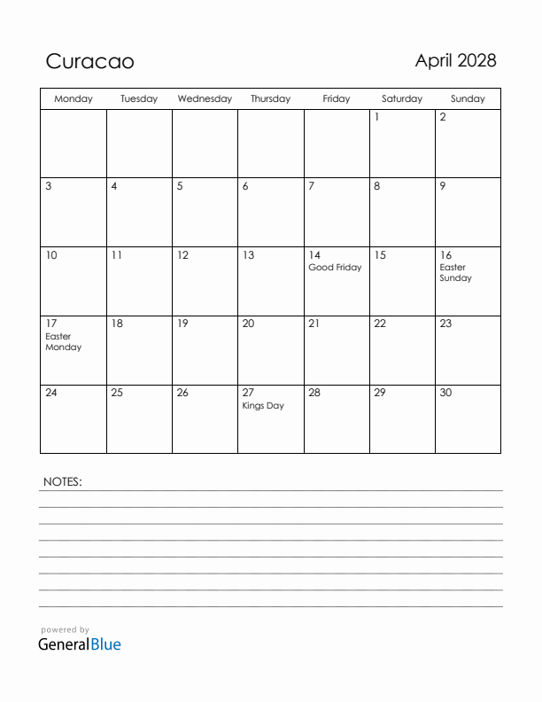 April 2028 Curacao Calendar with Holidays (Monday Start)