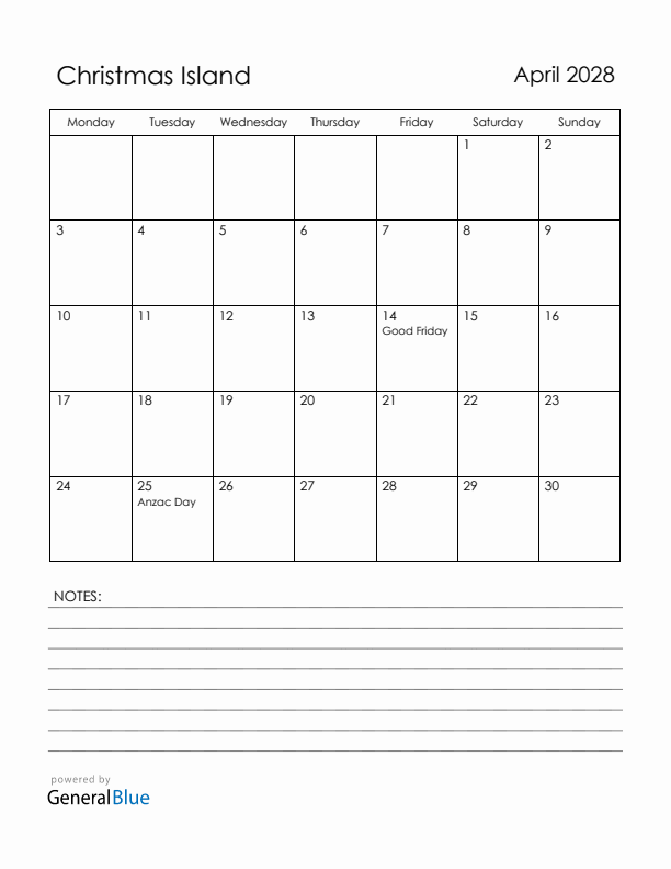 April 2028 Christmas Island Calendar with Holidays (Monday Start)