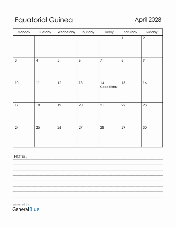 April 2028 Equatorial Guinea Calendar with Holidays (Monday Start)