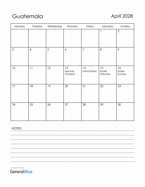 April 2028 Guatemala Calendar with Holidays (Monday Start)