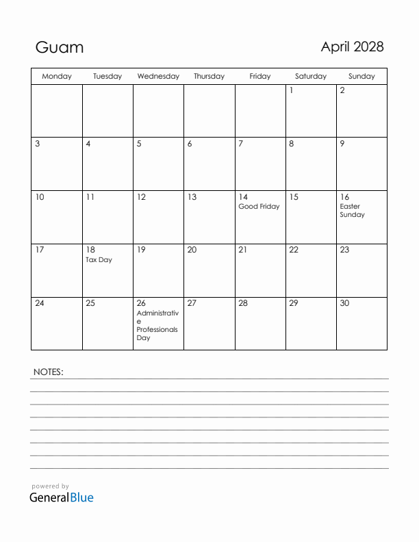 April 2028 Guam Calendar with Holidays (Monday Start)